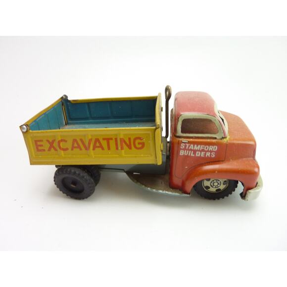 Vintage LINE MAR Stamford Builders Litho Hauling Dumping Truck Metal Tin Toy - Picture 1 of 7